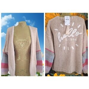 Saltwater Luxe Hello Sunshine Stripe Sleeve Chunky Knit Cardigan Camel Large NWT